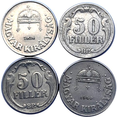 6.09. 50 fillér 1926, 1938, 1939, 1940. 4000 Ft